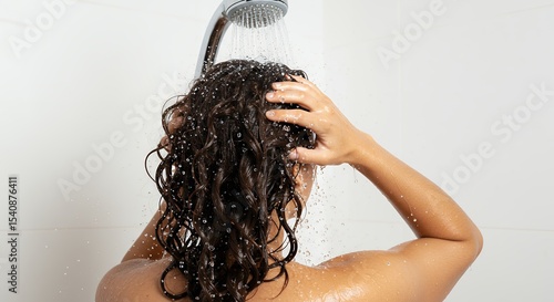 Person washing curly hair under shower