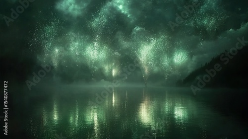 Wallpaper Mural Ribbons of green and silver fireworks rippling across a dark sky Torontodigital.ca