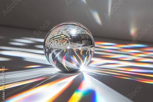 Crystal ball reflecting light patterns, casting rainbows and reflections onto a neutral surface, creating a mesmerizing optical display.