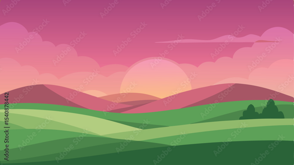 Obraz premium Abstract landscape illustration with rolling hills and sunset sky in a modern style