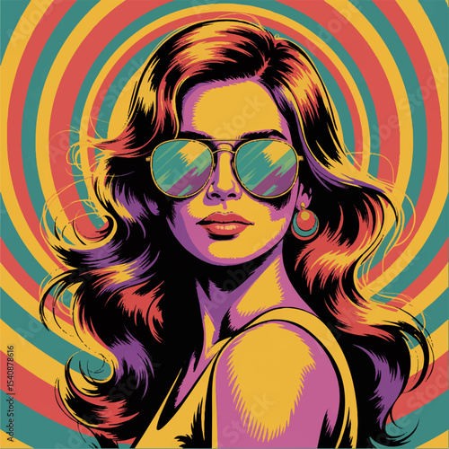 Colorful bright illustration of a glamorous girl in sunglasses in the style of the 80s. Vector graphics. EPS.