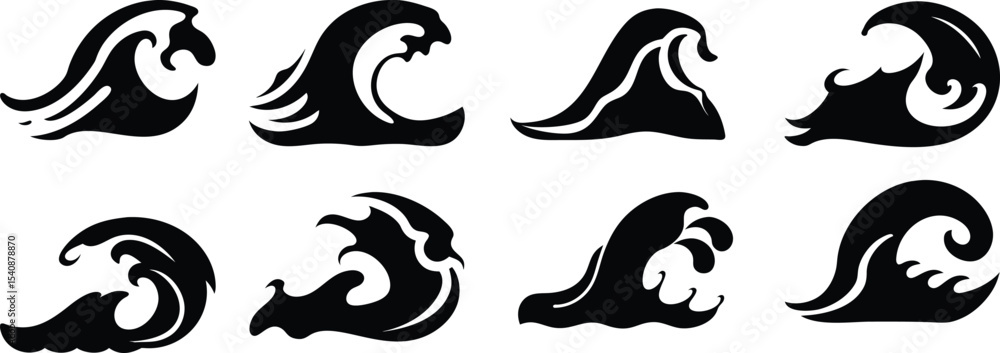 Fototapeta premium Ocean Wave Silhouette Vector Icons