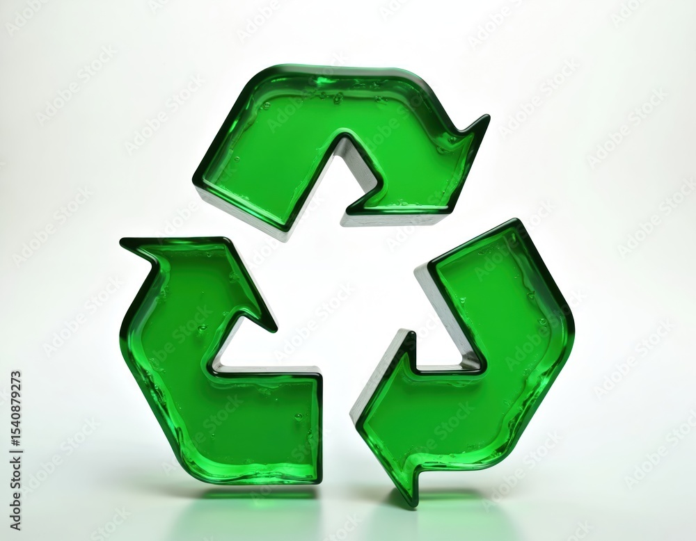 Obraz premium Recycling symbol made from transparent green glass. Environment, sustainability, ecology concept. Icon graphic of three arrows in a circle. Reuse, reduce, waste, conservation, eco friendly.