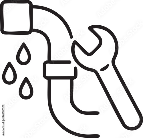 Leaky Pipe with Wrench Icon Plumbing Repair and Maintenance Concept in Simple Black and White Style