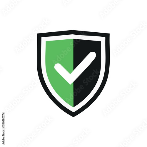 Security Shield with Check Mark, Green and Black Protection, Approval Icon