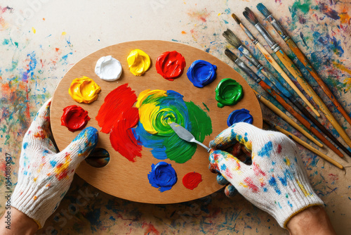Wallpaper Mural Artistic Hands: Close-up view of an artist at work, mixing vibrant colors on a wooden palette with a palette knife, surrounded by paintbrushes. Torontodigital.ca