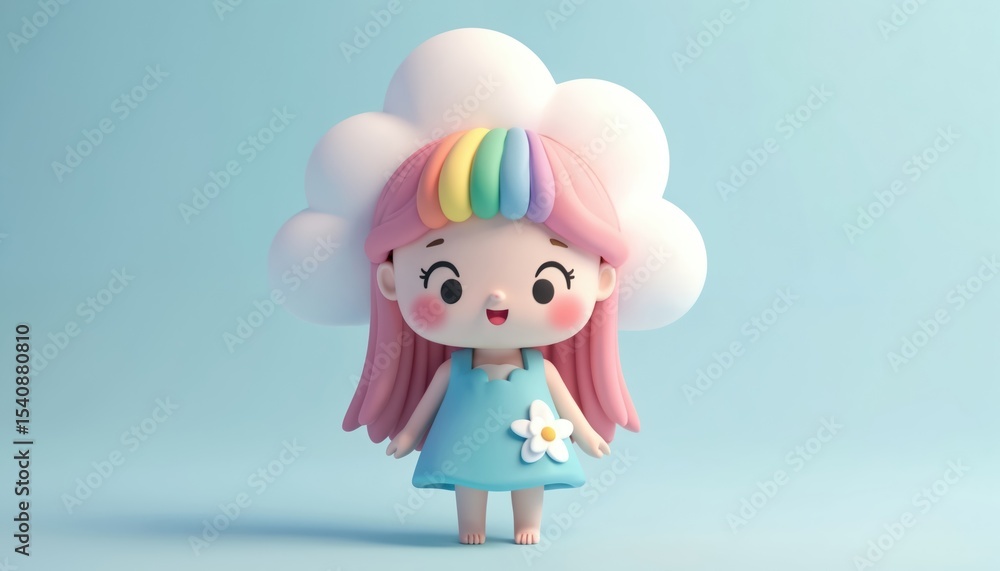 Adorable cartoon cloud character with rainbow hair. Happy illustration of a cute girl, wearing blue dress with white flower. Smiling face against pastel background. Perfect for kids. Adorable cartoon cloud character with rainbow hair. Happy illustration of a cute girl, wearing blue dress with white flower. Smiling face against pastel background. Perfect for kids.