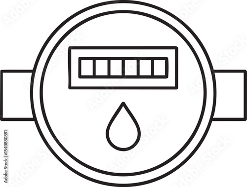 Simple Line Drawing of a Water Meter with Digital Display and Water Drop Icon Below minimalist
