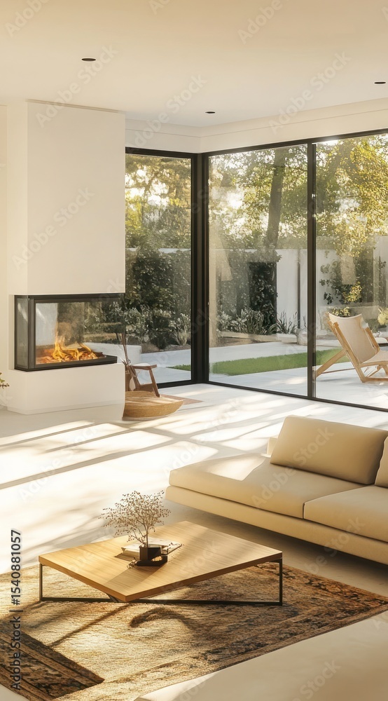 Fototapeta premium Modern living room with fireplace & large windows