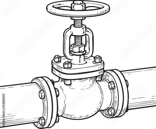 Detailed Black and White Illustration of a Pipeline Valve with Flanges and Wheel Handle detailed black