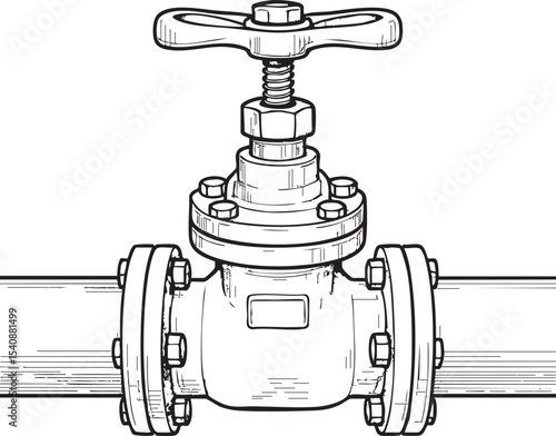 Detailed Black and White Illustration of a Gate Valve on a Pipe System with Flanges detailed