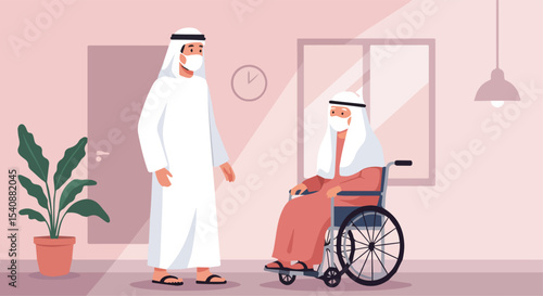 Muslim Man Assisting Elderly Man in Wheelchair at Home