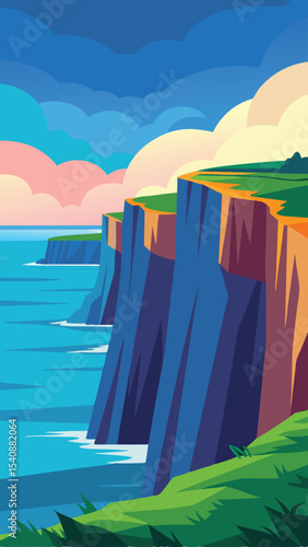 Coastal cliff landscape illustration with ocean waves and colorful cloudy sky backdrop