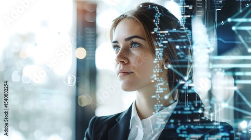 Woman looking at digital cityscape
