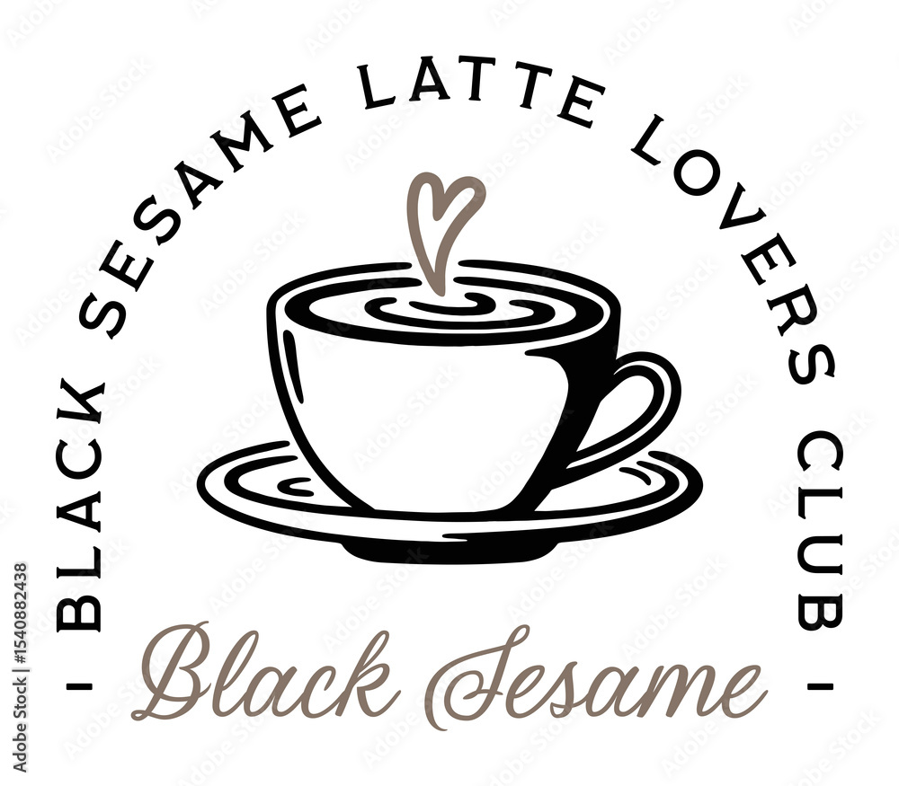 Obraz premium Black sesame latte lovers club coffee cup cute fancy aesthetic funny girls shirt design logo. Vintage retro girly fall season Japanese Korean hot comfort drink illustration print sticker clipart png.