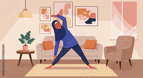 Muslim Woman Doing Yoga at Home in Comfortable Living Room
