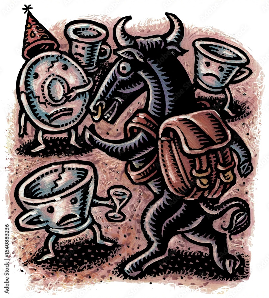 Obraz premium A bull wearing a backpack walks around in a china shop, the plates are worried.