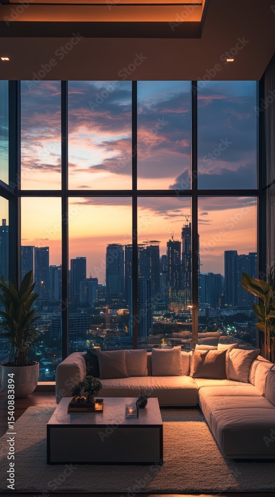Fototapeta premium City sunset view from modern living room