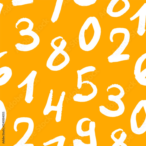 Seamless pattern of white hand-drawn numbers on orange background. Repeating numeric texture. Vector template for educational and children design, print and wallpaper