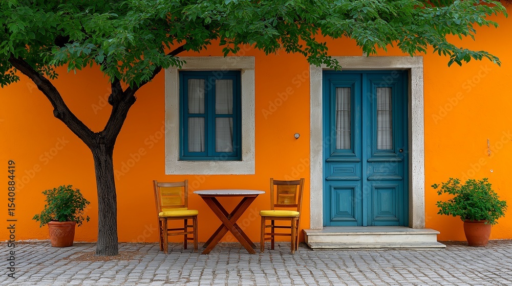 Fototapeta premium Orange Wall Creates Perfect Summer Scene Charming Turquoise Doors Invite Peaceful Relaxation