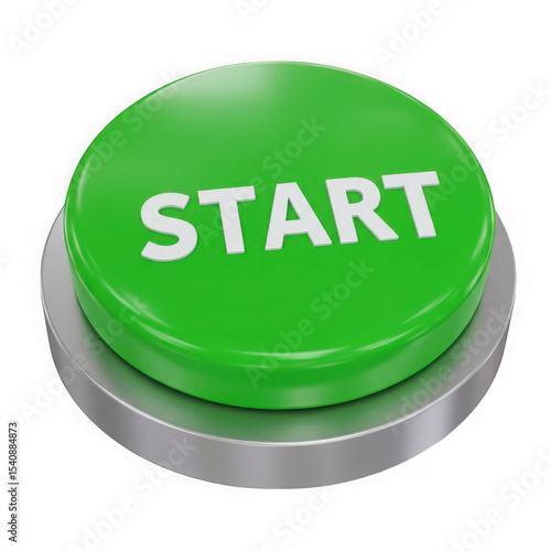 Green start button with silver base isolated on transparent background