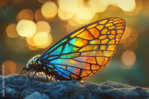 Close-up of a butterfly with translucent stained-glass-like wings illuminated against a soft bokeh background.