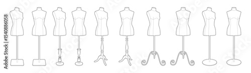Vector illustration of five different dressmaker mannequins on various stands. Line art style. Isolated on white background. Horizontal orientation. Ideal for fashion or tailoring design.