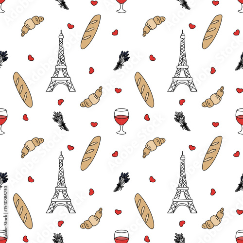 Seamless Paris-themed pattern with Eiffel Tower, croissants, baguettes, wine glasses, lavender, and red hearts. Fun and romantic French design.