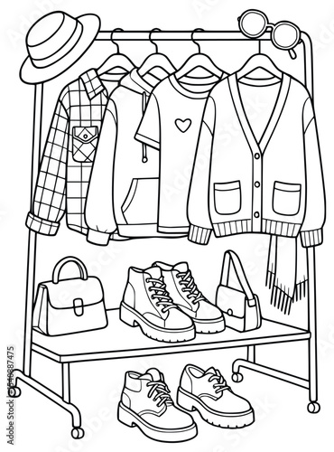 Trendy Clothing Rack with Accessories – Fashion Coloring Page for Teens