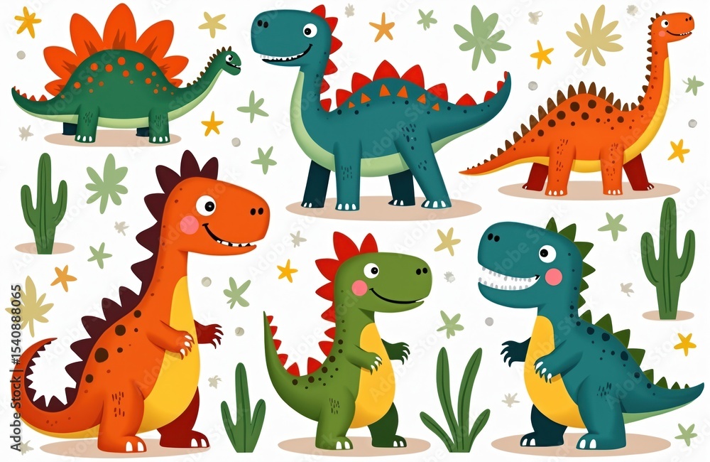 Obraz premium Set of cartoon dinosaurs monsters in vibrant colors. Funny cute dino characters illustration, perfect for kids designs. Ideal for prints on t-shirts, posters, wall art. Prehistoric reptilian animals