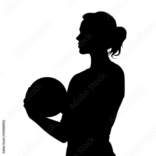 Silhouette of a female volleyball player holding a ball in profile view, vector illustration
