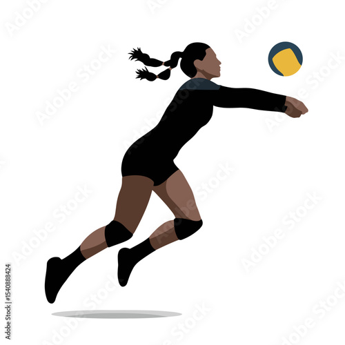 Female volleyball player in action diving to bump the ball, wearing black uniform, vector illustration
