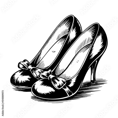 High-heeled shoes with bows in vintage ink sketch style  