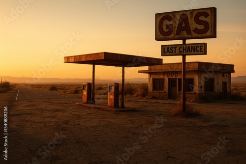 An abandoned gas station in the desert at sunset with the sign 'Last Chance' conveys a sense of isolation, nostalgia, and the passage of time on a desolate landscape.