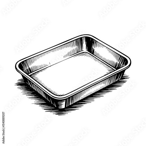 Vintage ink sketch of a rectangular baking tray with shadow effect  