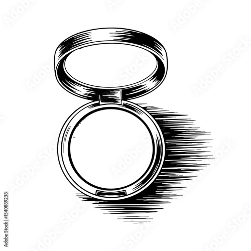 Vintage ink sketch of an open compact powder mirror  