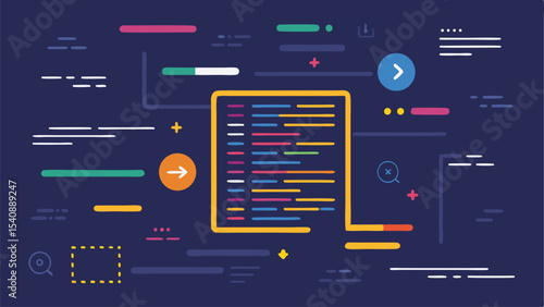 Colorful programming code background with highlighted syntax and abstract design elements