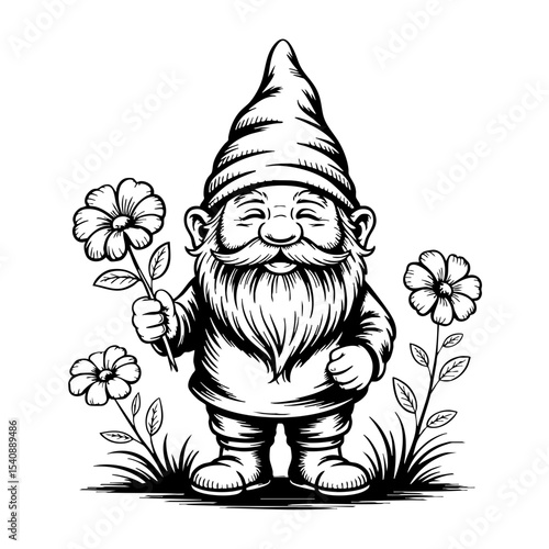 Vintage garden gnome holding a flower with joyful expression  