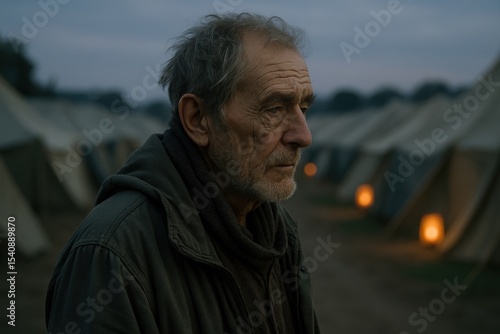 A somber portrait of an elderly man in a refugee camp, conveying emotions of displacement and hardship, with tents and soft lighting in the background creating a poignant scene.
