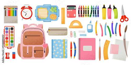 A big set of school supplies. Back-to-school concept. Vector illustration in trendy flat style with texture