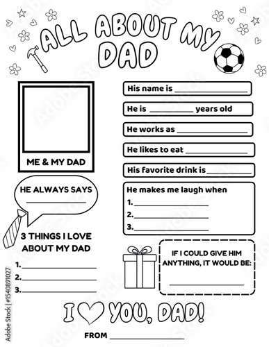 Father's Day, All About My Dad Father's Day Printable Card, Dad Gift From Kids, Dad Questionnaire, Fill In The Blank, Happy Father's Day Greeting Card ,kids drawing