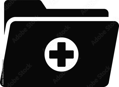 Black and white vector icon of a medical folder symbolizing healthcare files and medical records for clinics and hospitals