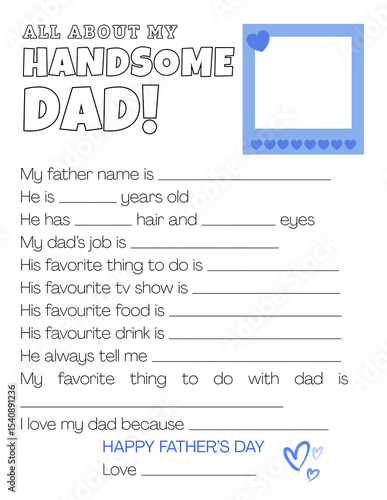 Father's Day, All About My Dad Father's Day Printable Card, Dad Gift From Kids, Dad Questionnaire, Fill In The Blank, Happy Father's Day Greeting Card ,kids drawing