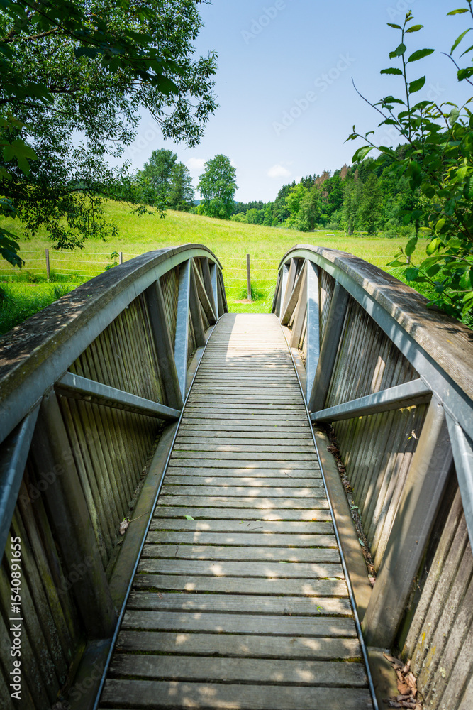 Obraz premium Wood and tell Bridges over the Mitternacher Ohe River in the bavarian Forests Germany.
