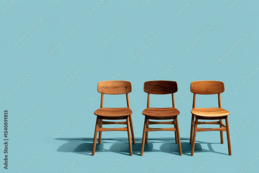 Obraz premium Three wooden chairs is arranged on a pastel blue floor and wall
