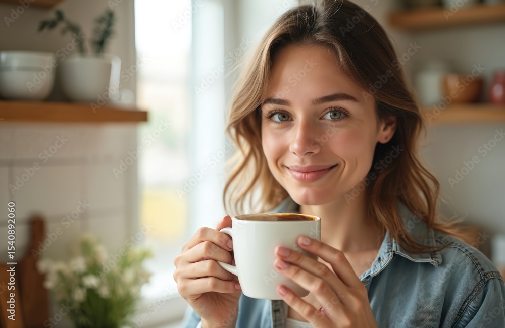 Young woman enjoys morning coffee, smiling in her kitchen. Attractive female drinks hot beverage in mug, happy about her cozy home lifestyle. Interior portrait with window. Young woman enjoys morning coffee, smiling in her kitchen. Attractive female drinks hot beverage in mug, happy about her cozy home lifestyle. Interior portrait with window.