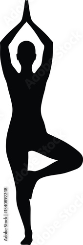 Black silhouette of a person performing the tree pose yoga exercise isolated on white background healthy lifestyle concept