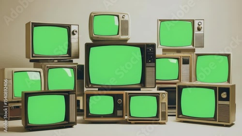 A group of vintage CRT televisions with green blank screens stacked together indoors on a neutral background, representing retro technology concept