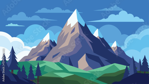 Flat design landscape featuring majestic mountain peaks and beautiful blue sky