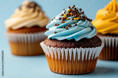 Delightful Cupcakes Decorated With Icing and Sprinkles on a Pastel Background.